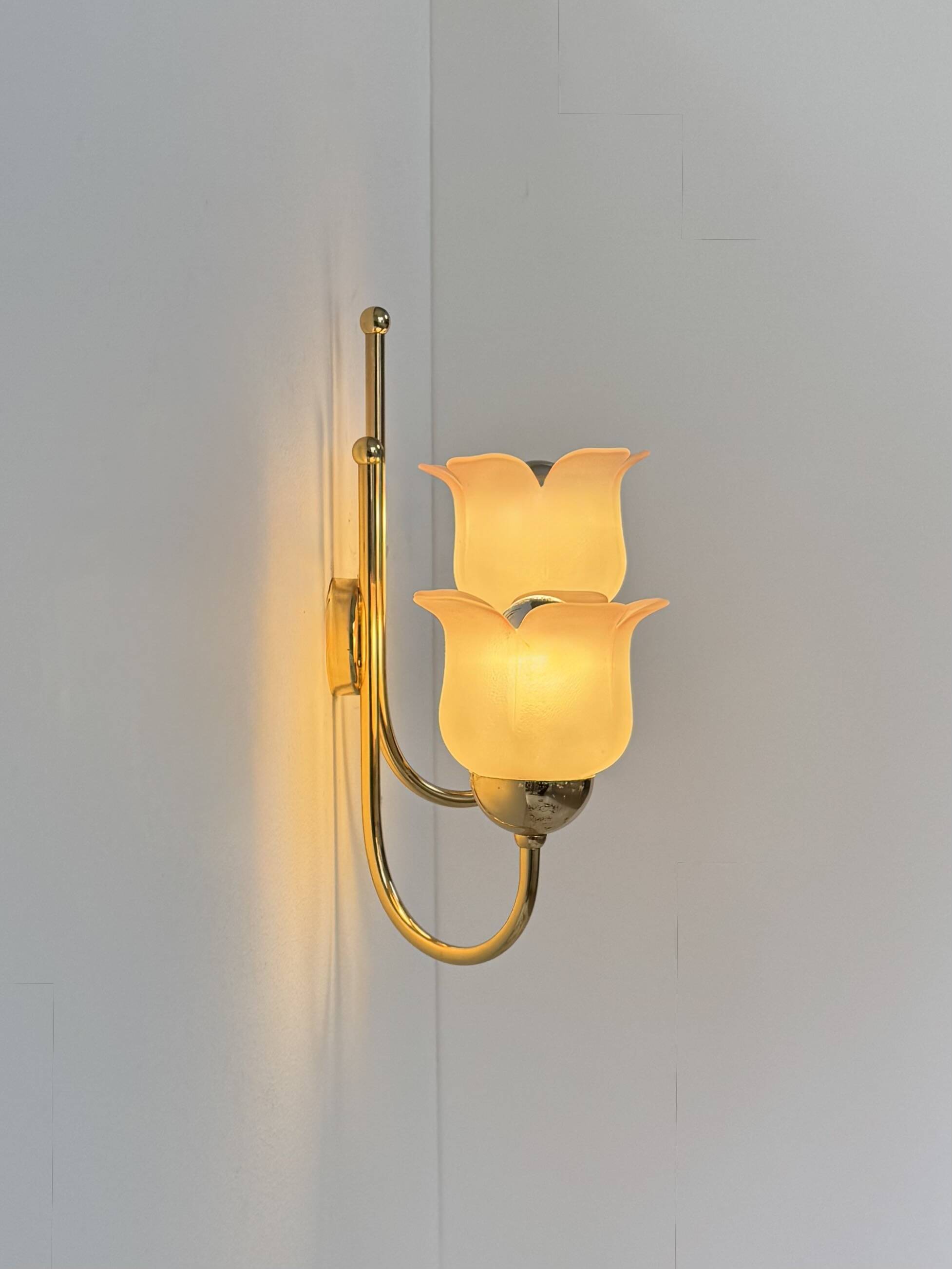 Vintage wall light, brass and frosted pink moulded glass, France, 1980.