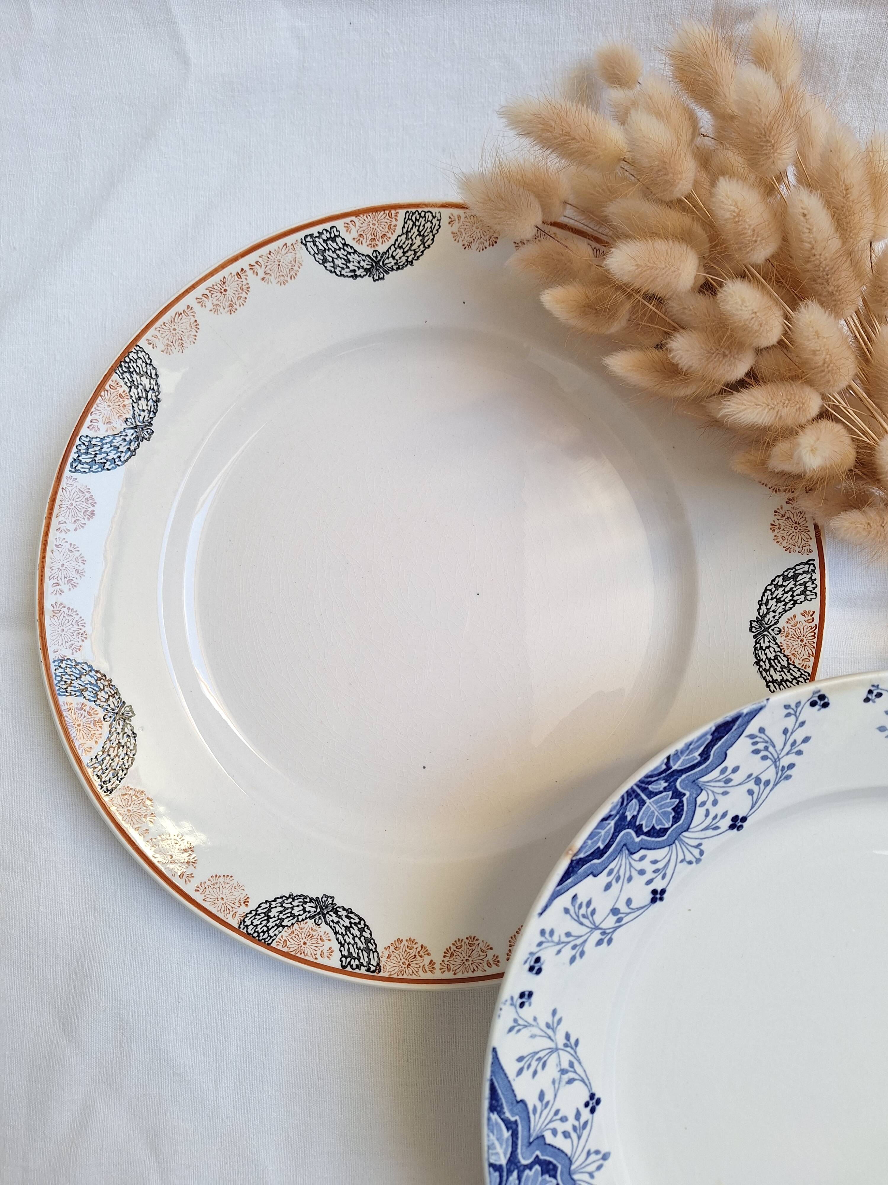 Round orange and blue plate HBCM and Creil and Montereau
