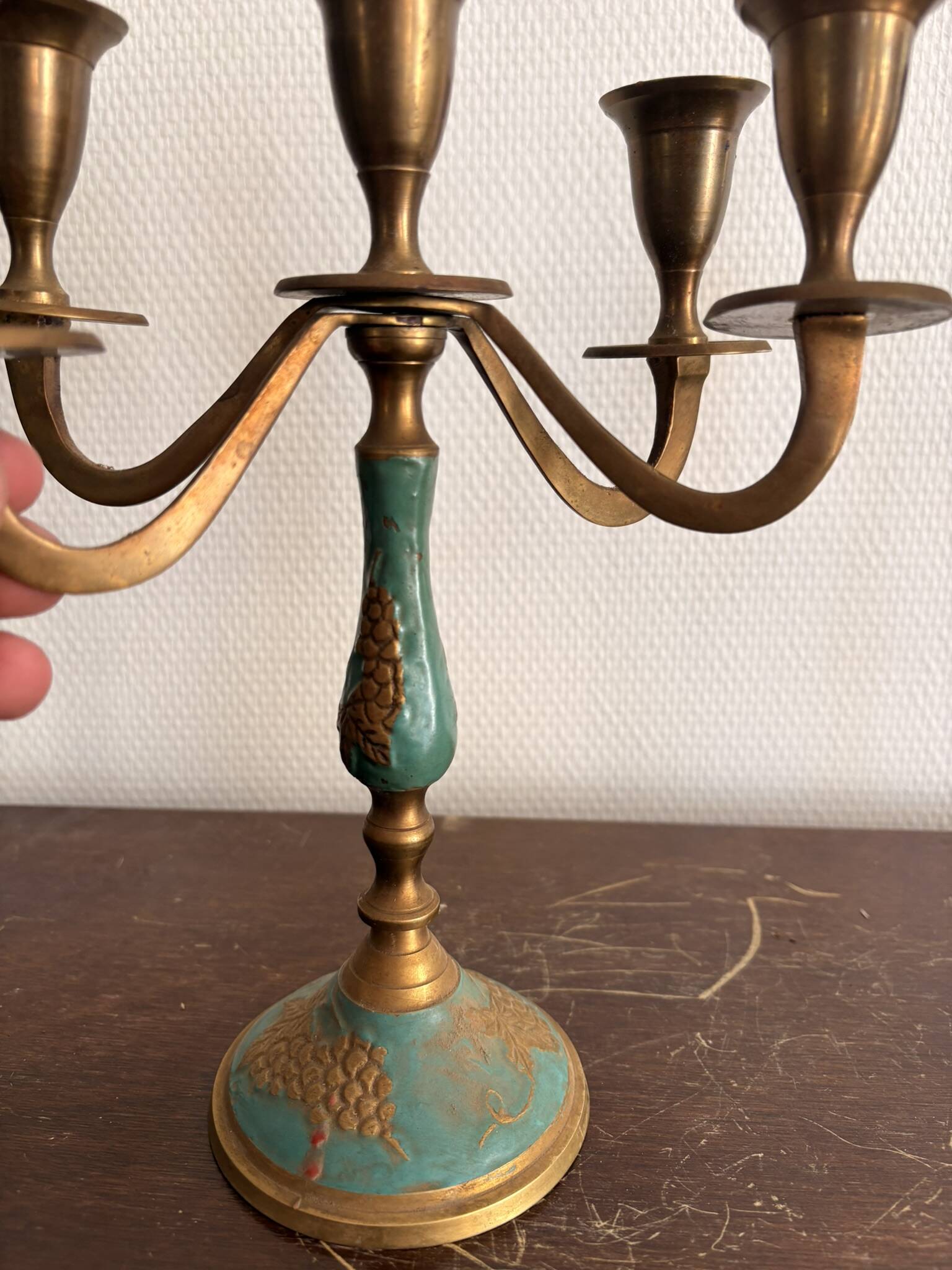 Antique Pair of Candle Holders Chandelier 5 Arms Gilded Brass Enamelled Blue