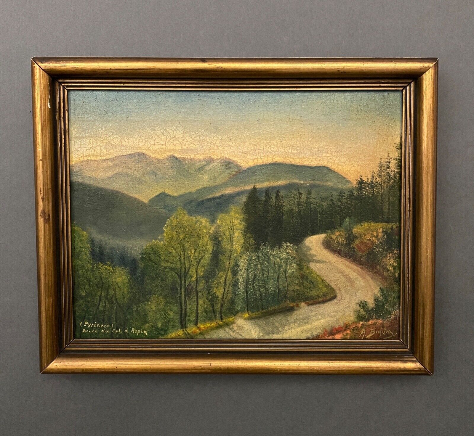 Huile sur toile par A. Biron Pyrénées route du col d'Aspin XXe