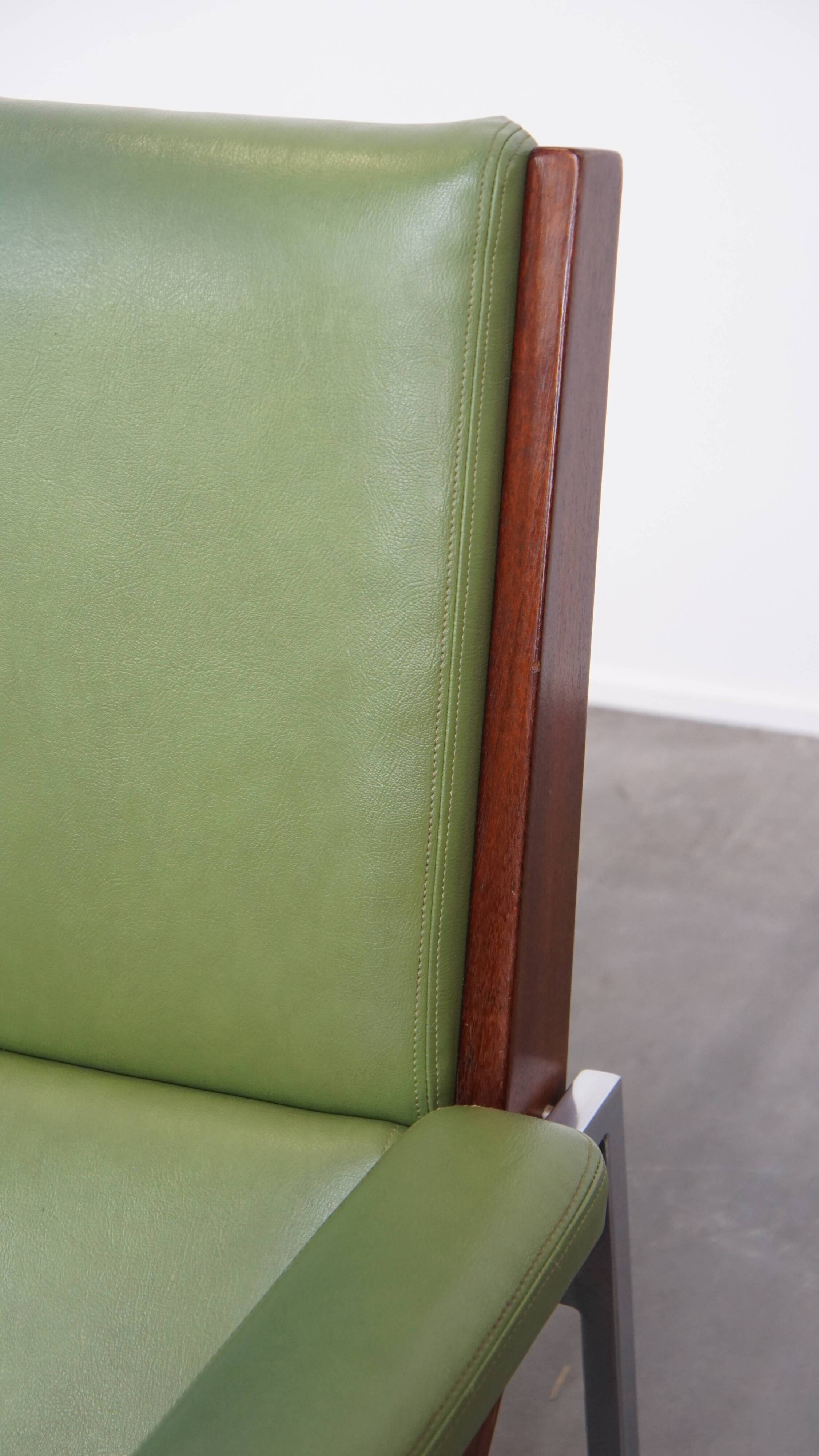 Green cowhide Leather and Wooden Vintage Armchair