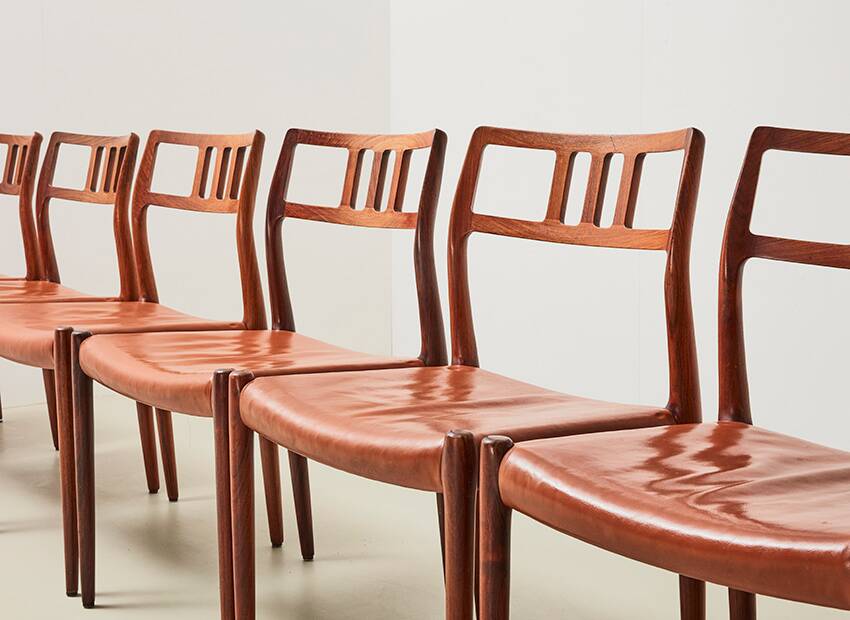 Niels Otto Moller Set of 8 Model 79 Dining Chairs in Rosewood and Leather for JL Mollers 1966