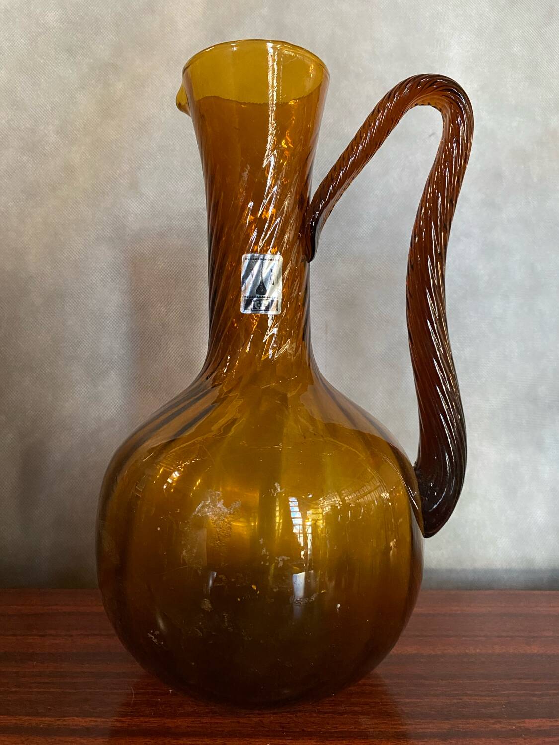 Antique Carafe CF Blown Glass Orange Amber Vintage #B842