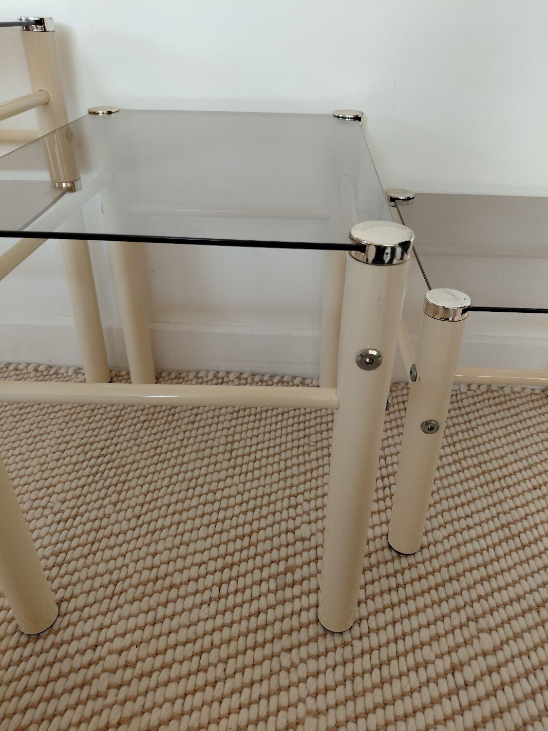 Vintage nesting tables Boutboul - cream metal and smoked glass - 70s design.