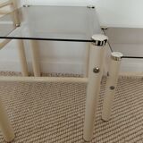 Vintage nesting tables Boutboul - cream metal and smoked glass - 70s design.