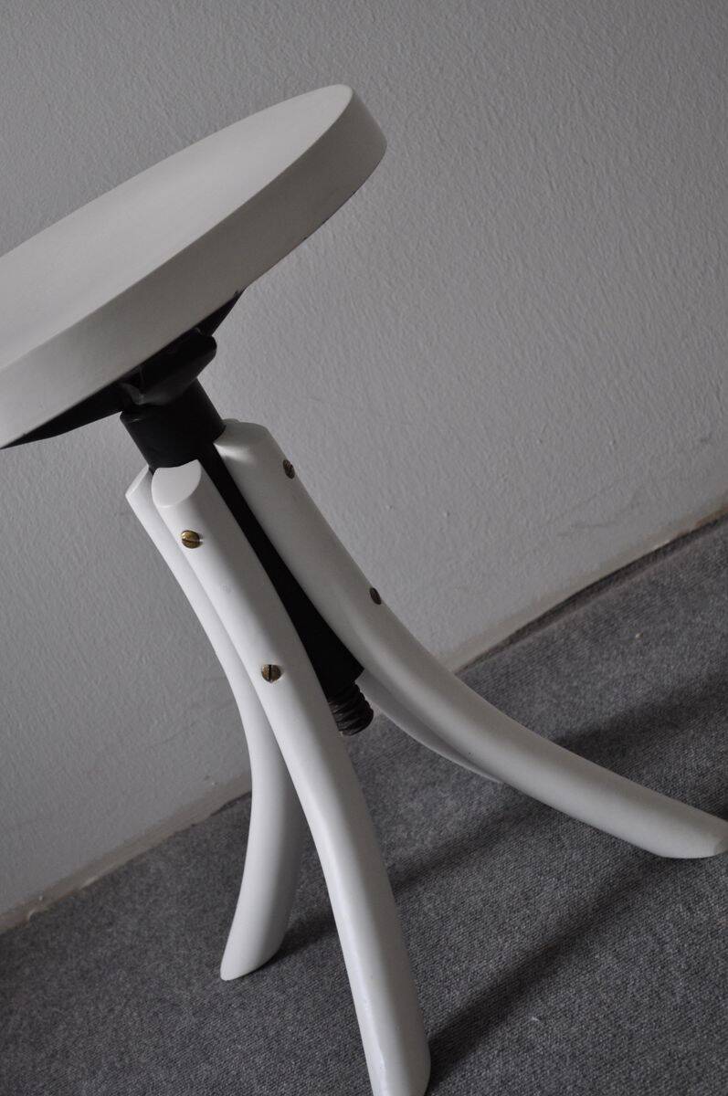 Vintage piano stool in painted white and black wood, round seat, 1940s.