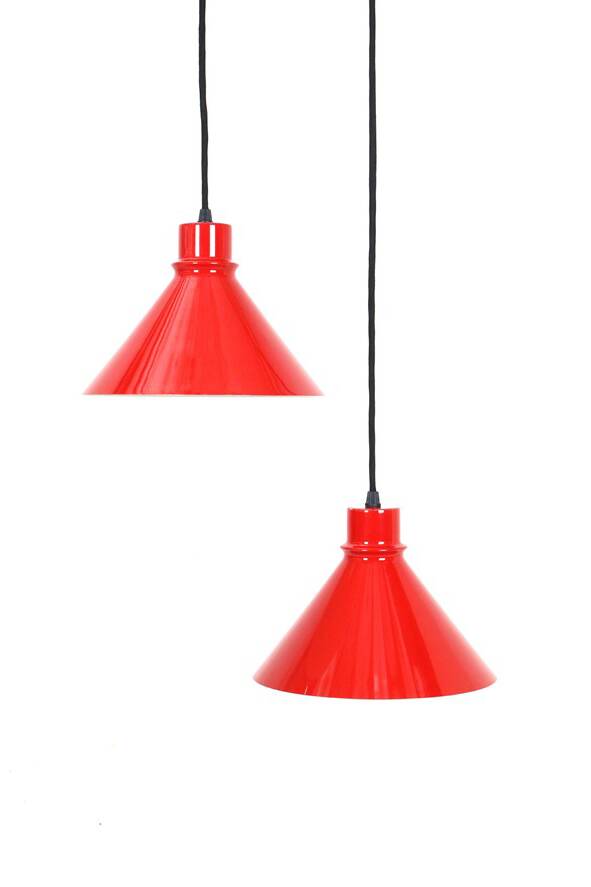 Set of 2 Nordisk Solar Compagni “Super Space” pendant lights, red, small version, Danish modern design, 1970s