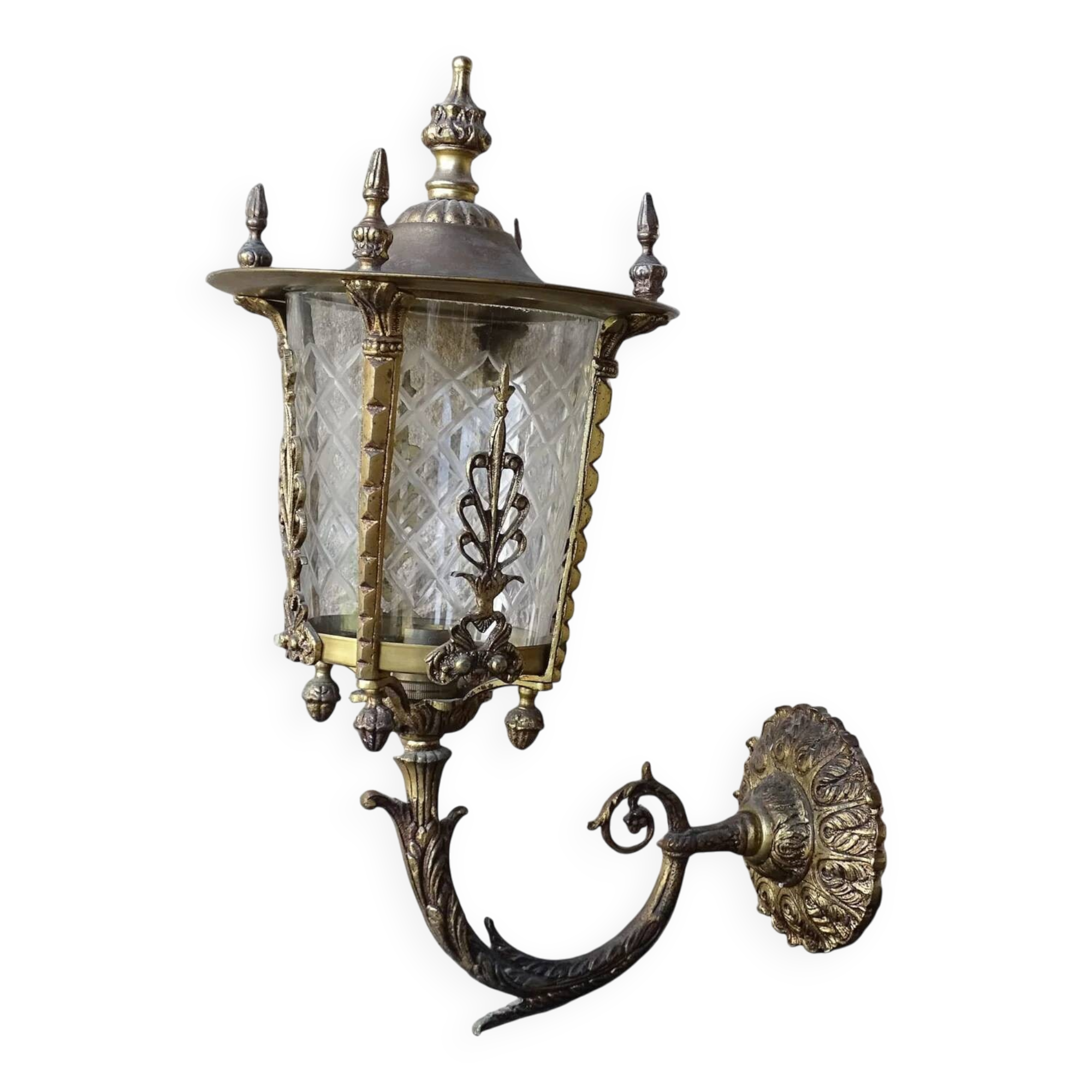 Applique murale vintage française avec lanterne en verre taillé