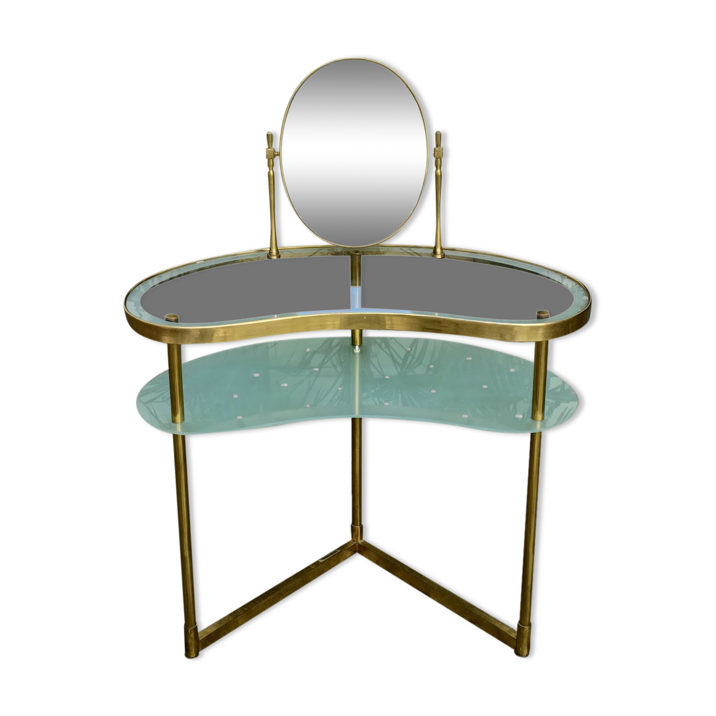 Brass and glass dressing table, with mirror, lighting and steering wheel, by Luigi Brusotti - 1940