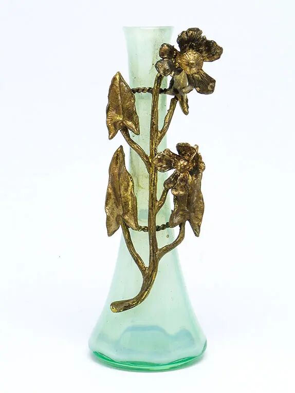 Vase Art Nouveau, verre d'uranium, bronze doré, Belgique, années 1930