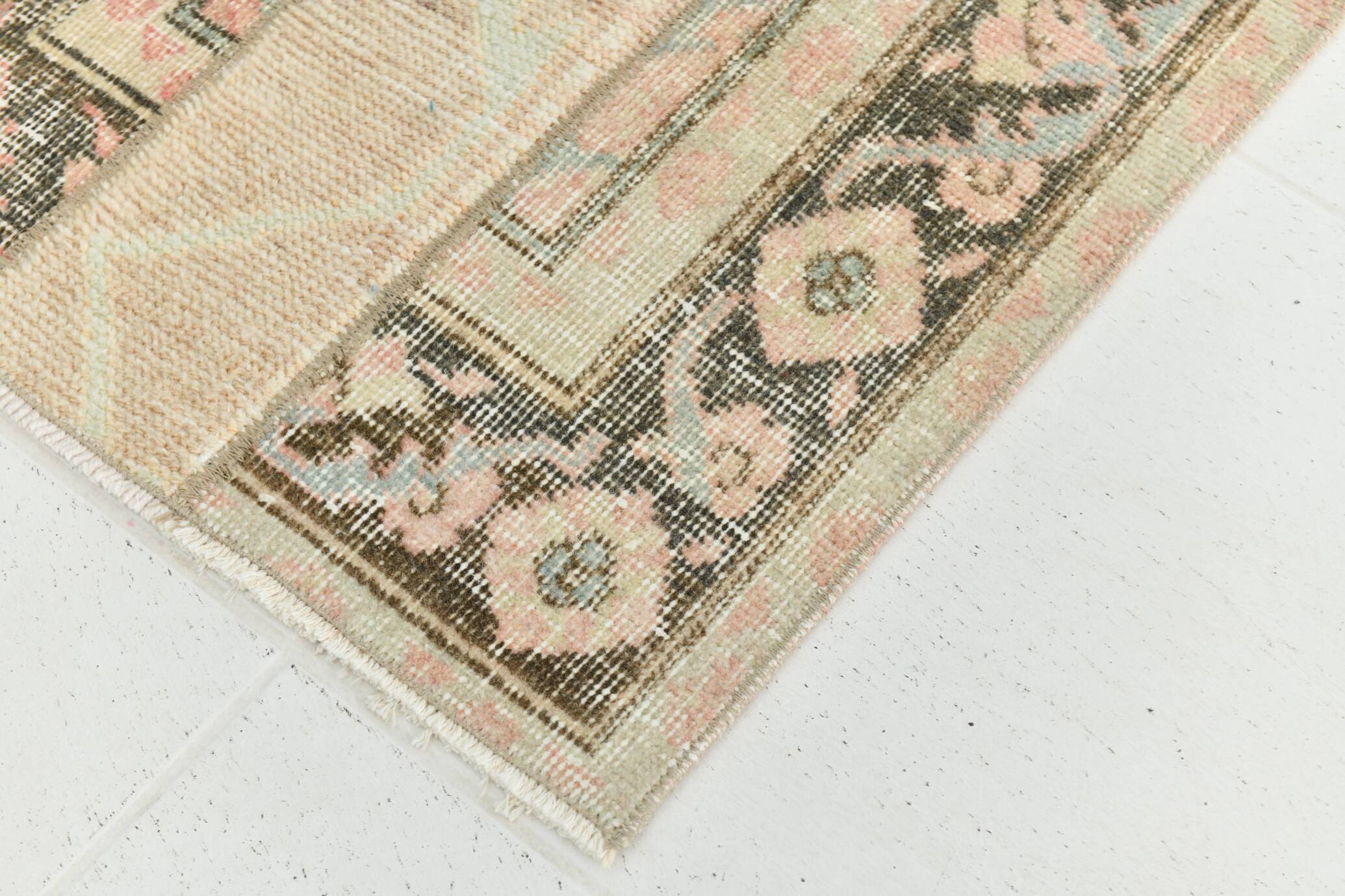 2x11 Dark Green & Beige Turkish Runner Rug, 55x338Cm