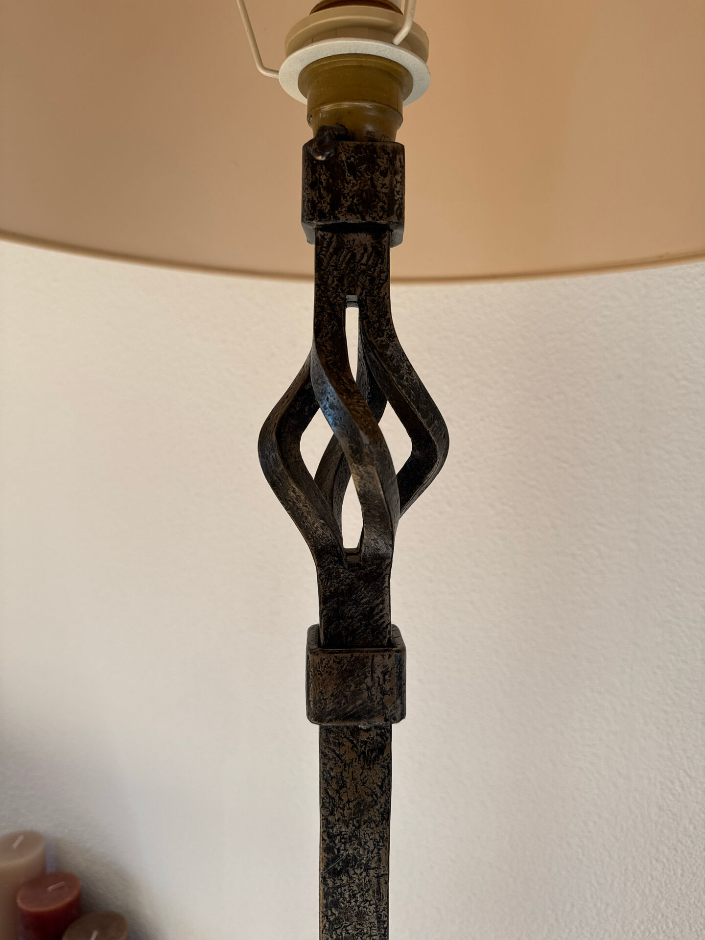 Large hammered wrought iron floor lamp, brutalist style, mid-20th century.