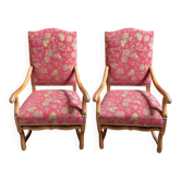 Pair of antique wooden armchairs – floral fabric + matching cushion