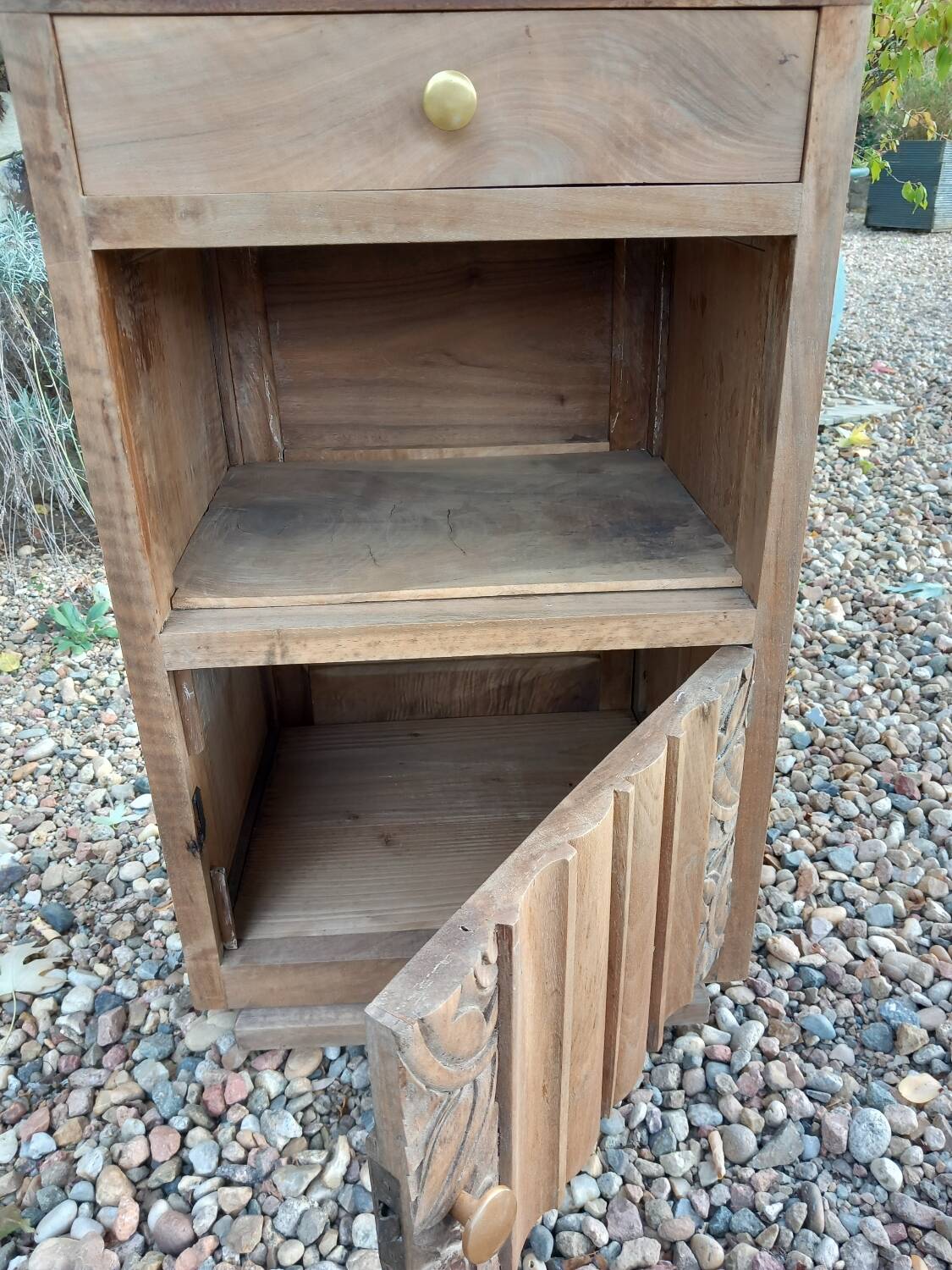Petit meuble/chevet bois ancien et marbre rose