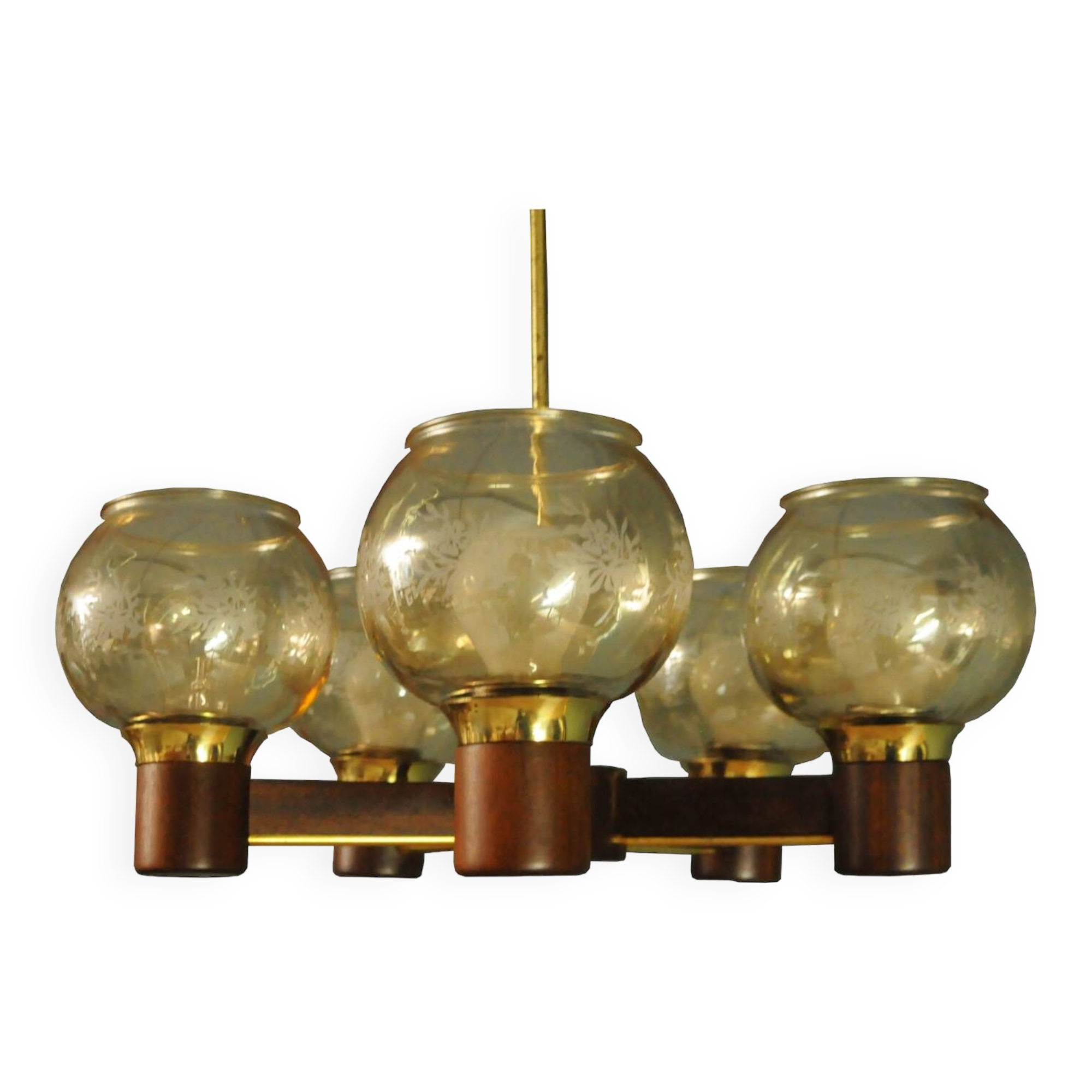 Scandinavian chandelier in mahogany wood and brass