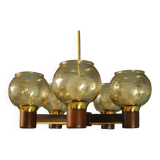 Scandinavian chandelier in mahogany wood and brass