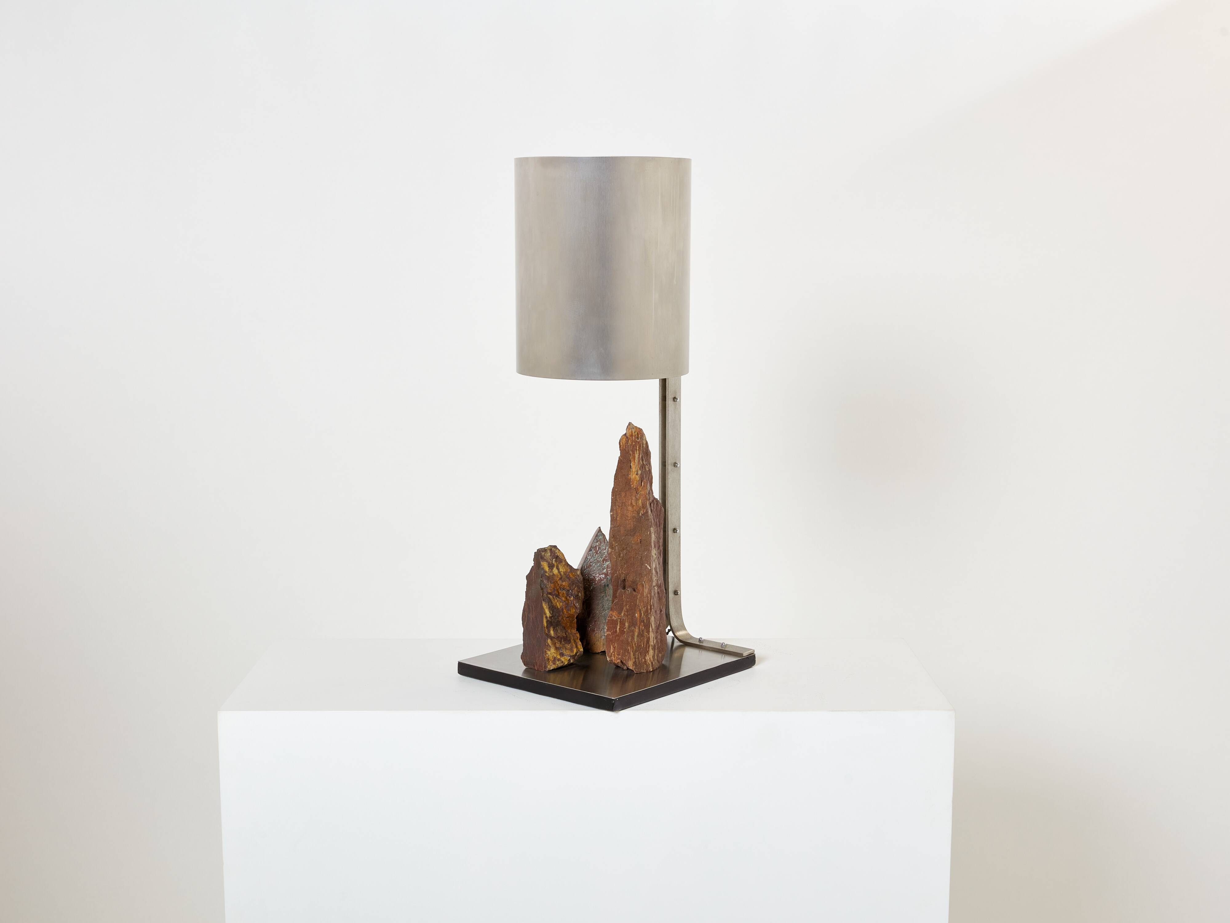 Brutalist lamp signed Philippe Jean steel and red schist 1970