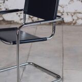 Cantilever armchair in chromed metal and black leather, 1970