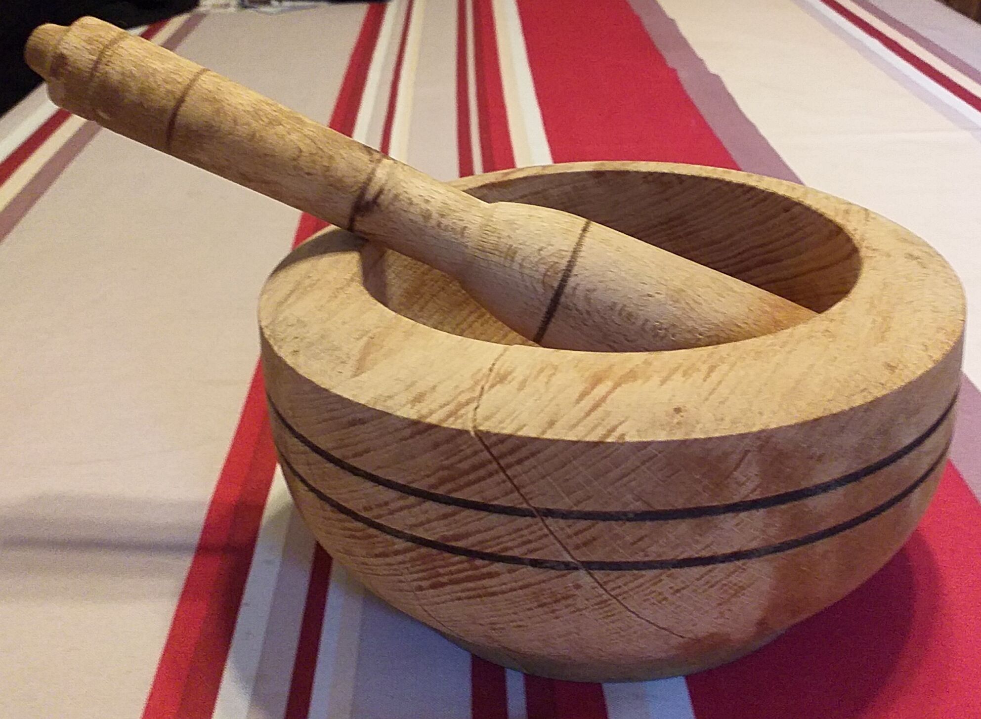 Mortar and wooden pestle