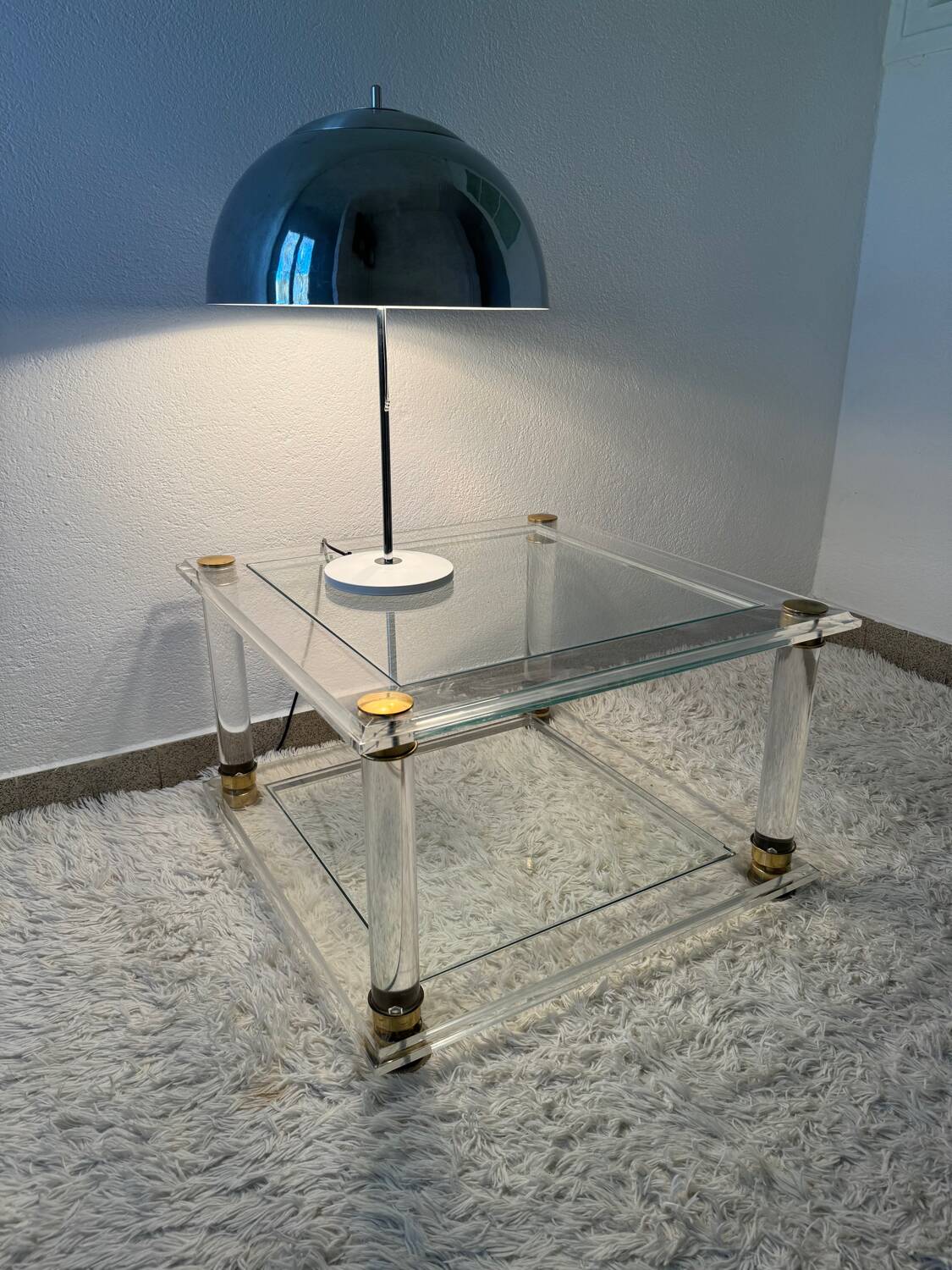 70s brass plexi coffee table