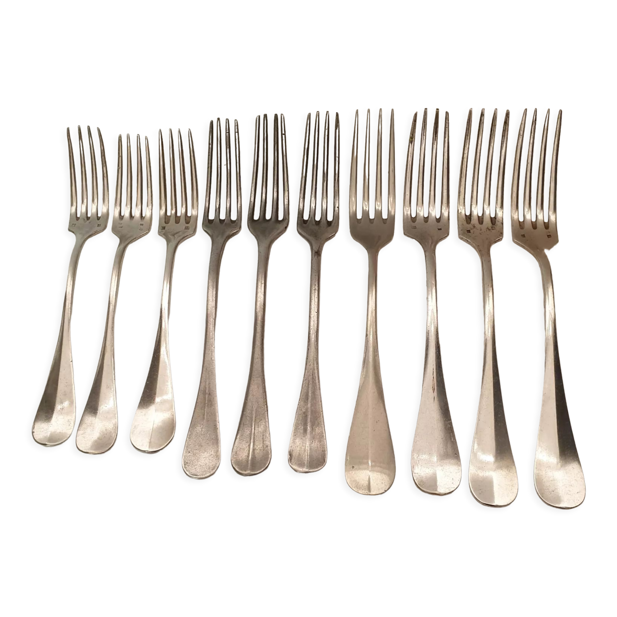 10 mismatched silver metal forks