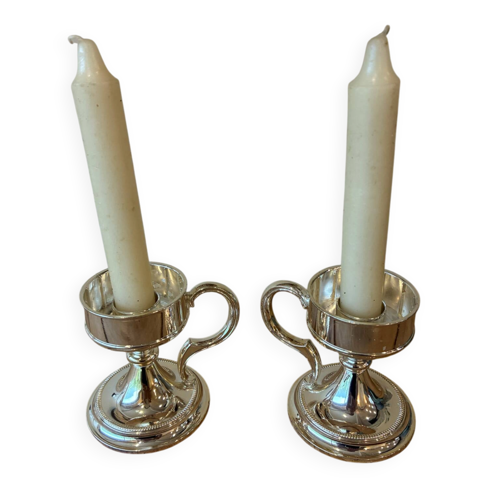 Pair of vintage silver-plated candlesticks with handles