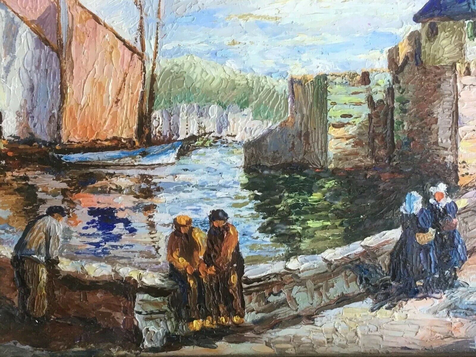 Painting Oil on Isorel Signed Landscape Breton Brittany Port Boat Character XX ème