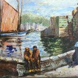 Painting Oil on Isorel Signed Landscape Breton Brittany Port Boat Character XX ème