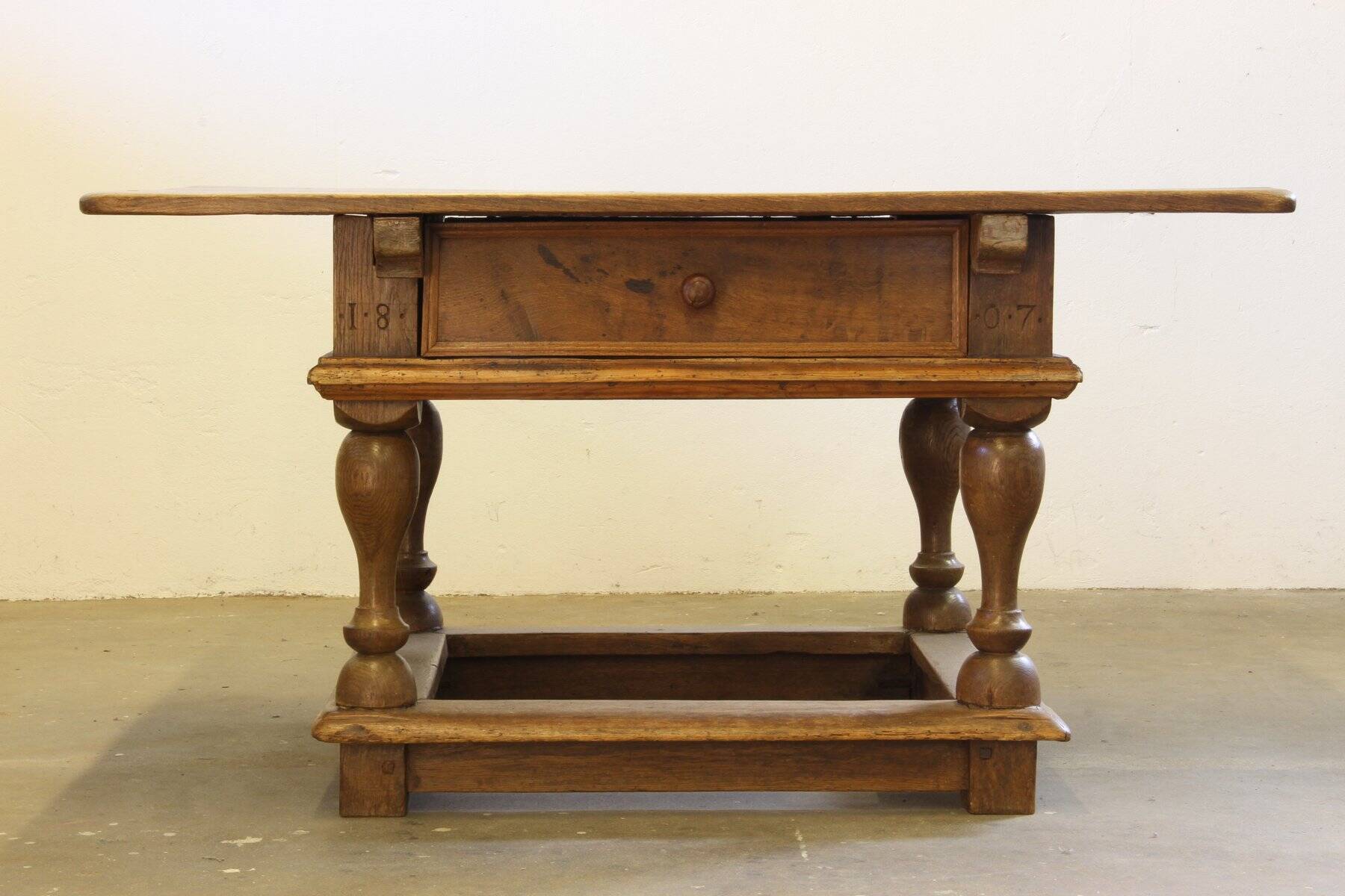 Antique Nordic Baroque Oak Table, Dated 1807