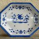 Antique octagonal plate in blue and white pottery with bird decoration.