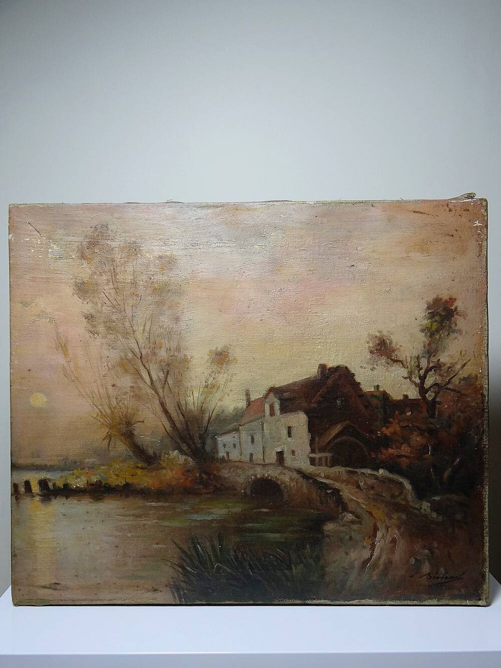 Large painting farm on pond old 19th century signature oil on linen canvas