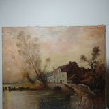 Tableau, huile sur toile en lin signée, "Ferme sur étang", XIXème s.