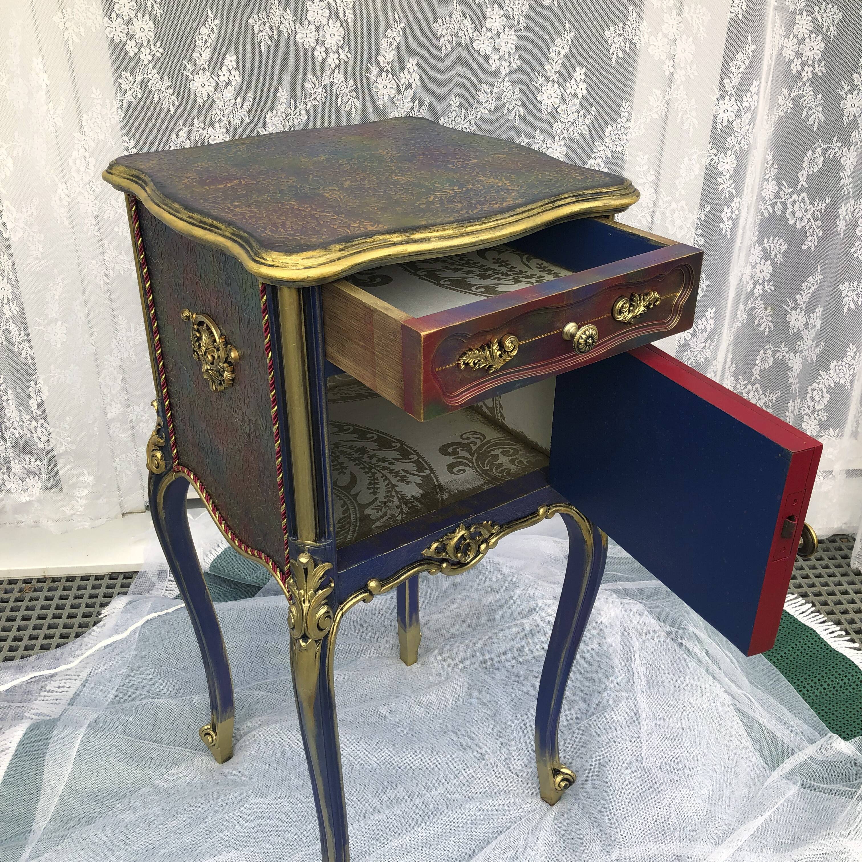 Classic revamped furniture – decorative blue and gold bedside table