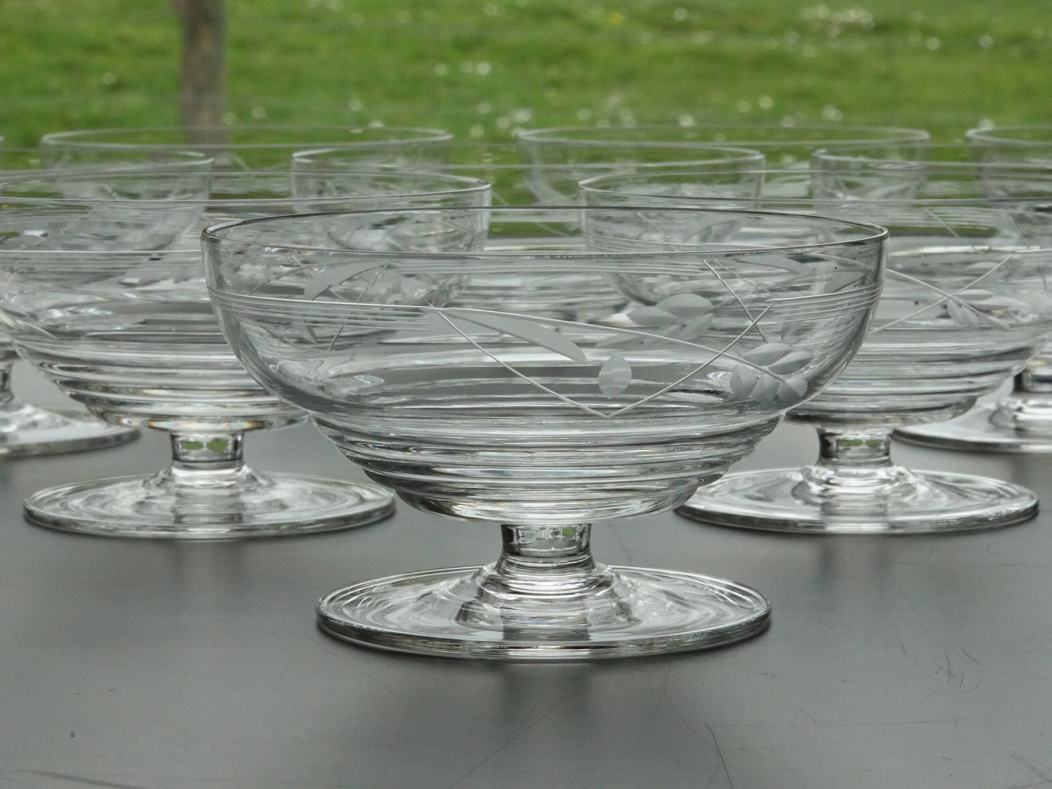 Set of 10 Art Deco crystal champagne glasses from Czechoslovakia