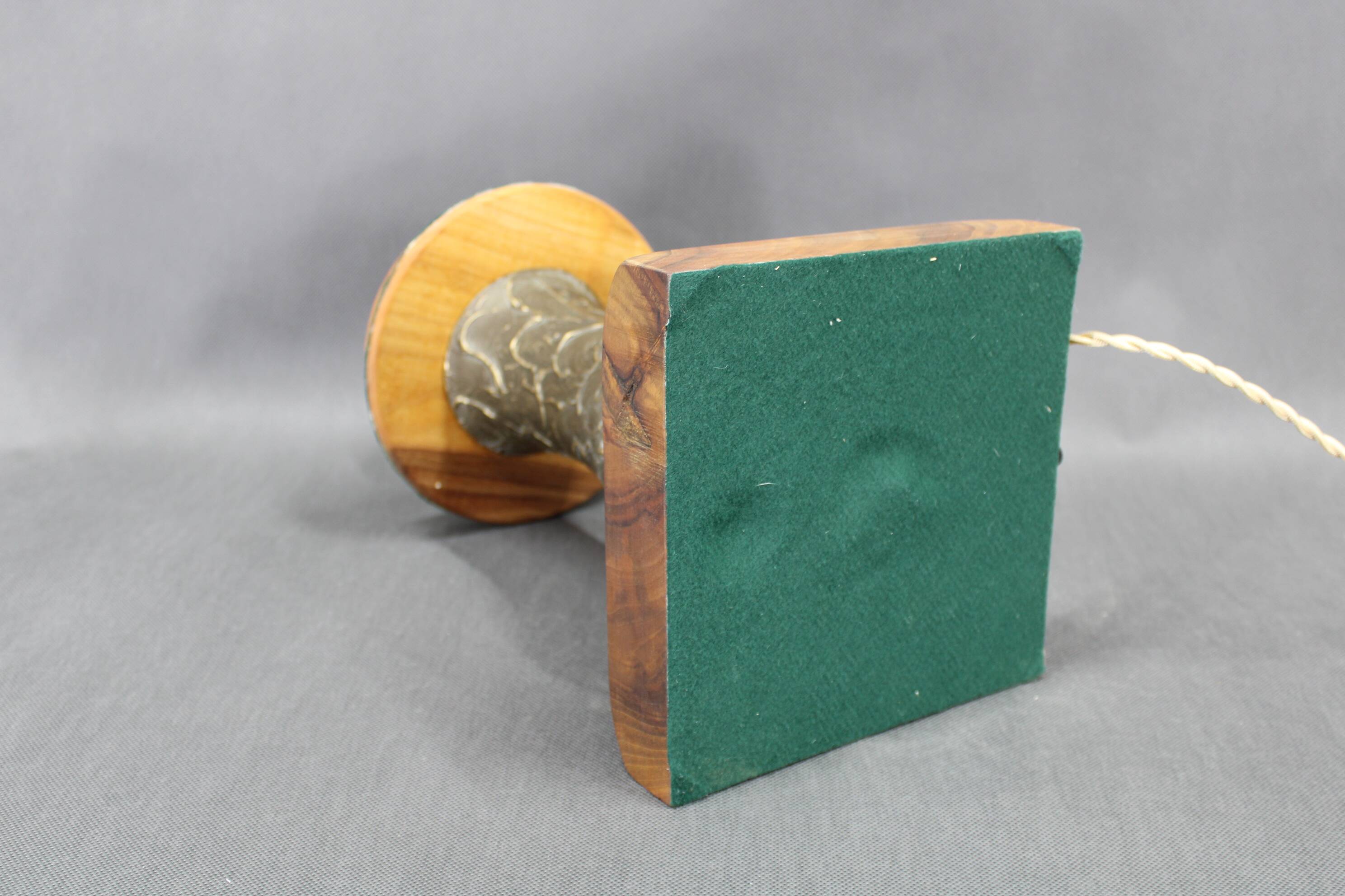 1940s restored brass table lamp with wooden base and glass shade