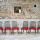 Set of 6 vintage wooden chairs – Psychedelic red fabric