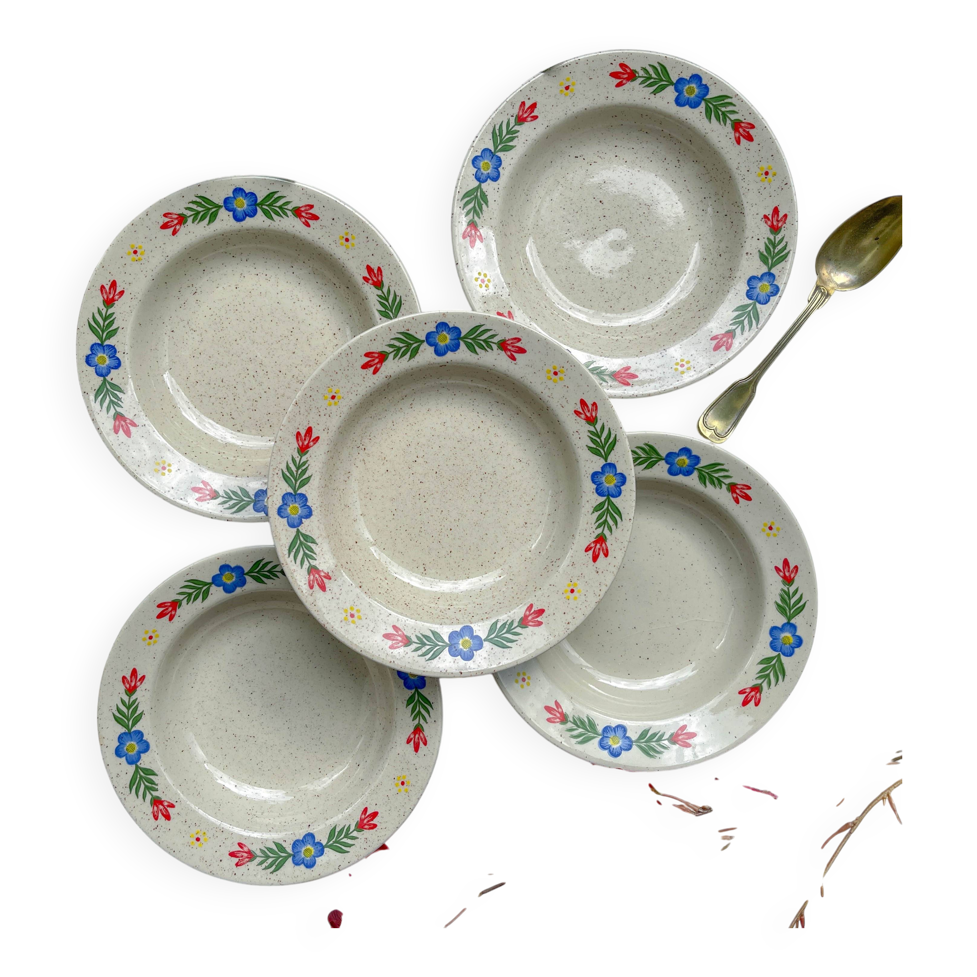 5 soup plates in speckled beige stoneware with floral pattern Tulowice Poland 1970