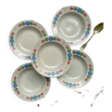 5 soup plates in speckled beige stoneware with floral pattern Tulowice Poland 1970