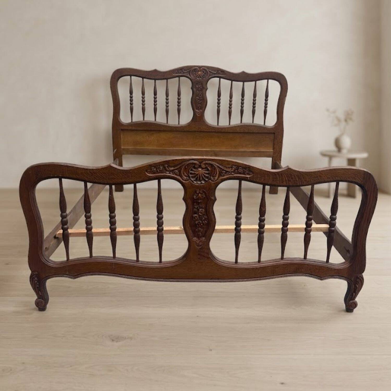 Vintage carved wooden bed frame, ornamental headboard & footboard, first half 20th century