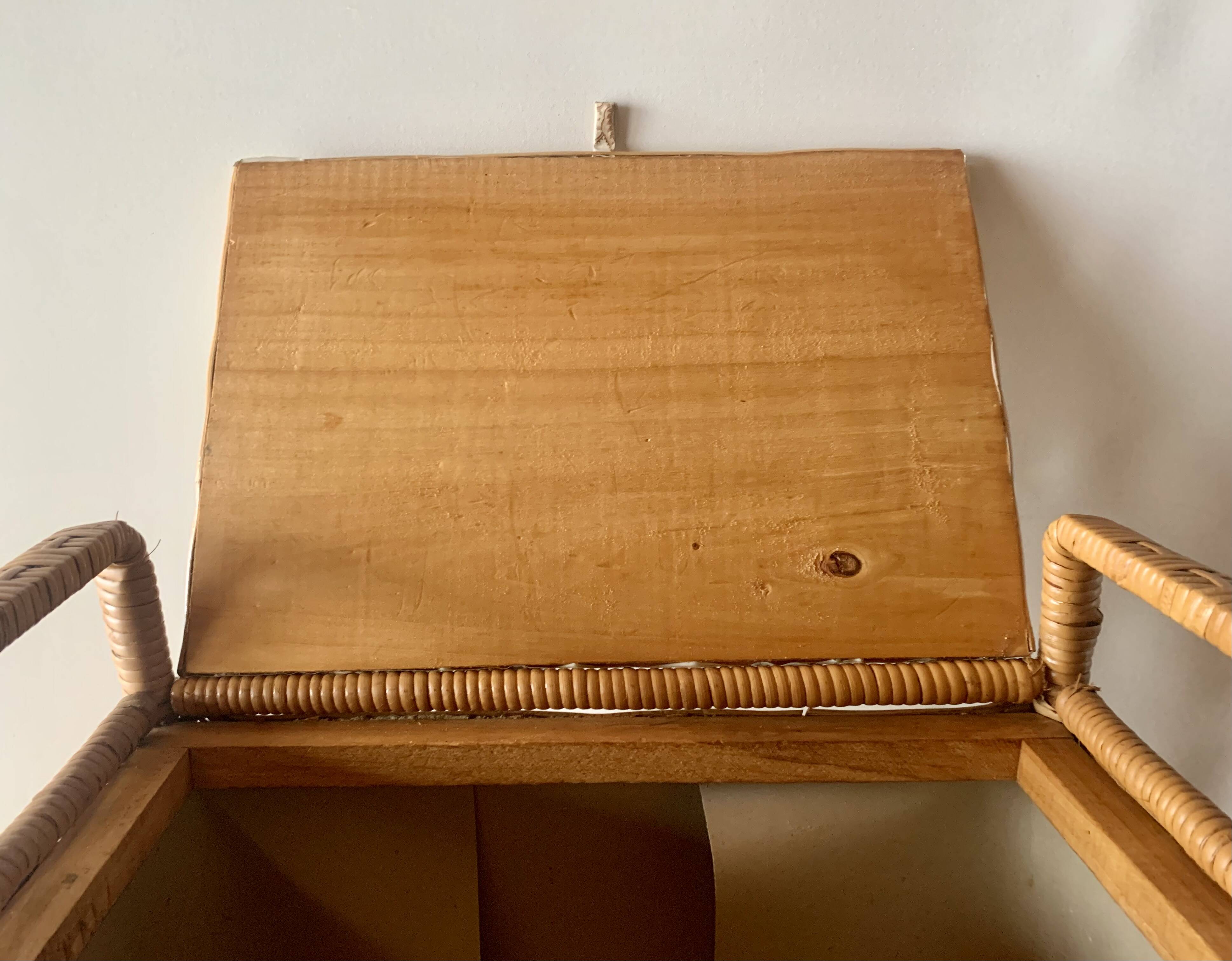 Large vintage rattan and wicker sewing basket with floral decor seat