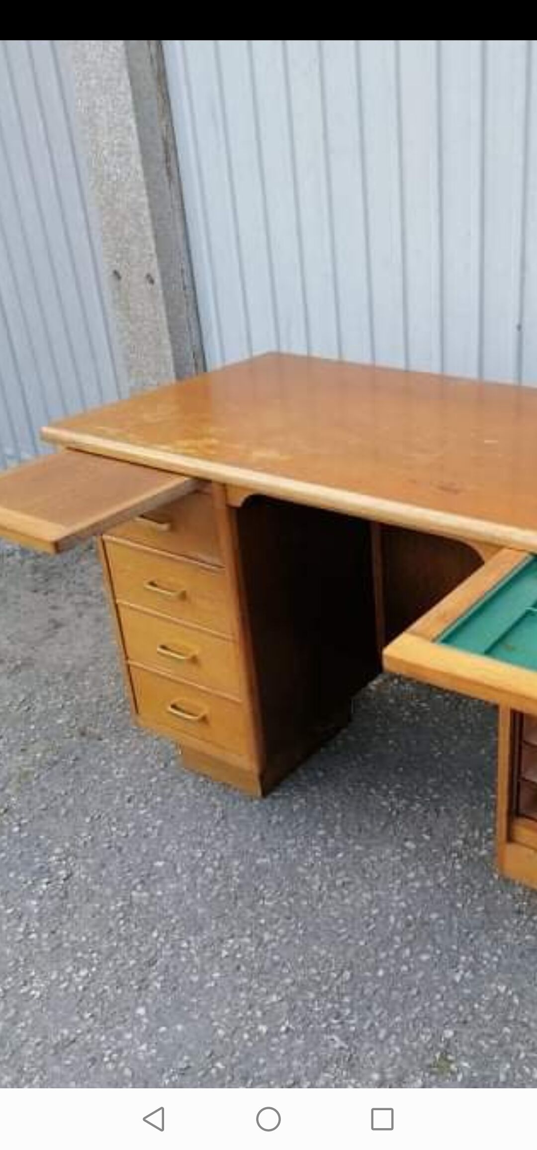 Old vintage wooden desk 1950 with curtain binder and storage tablet