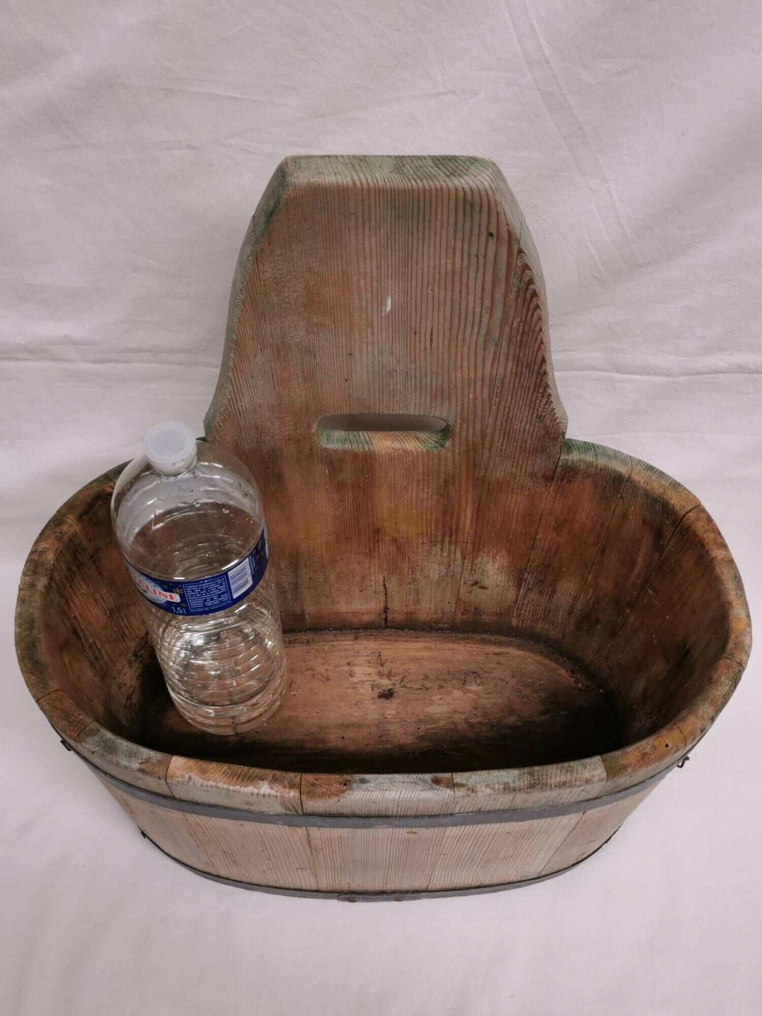 Tub / seille in laid, old swiss wooden cache pot planter, savoie