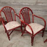 3 rattan and wicker armchairs with vintage fabric seats from 1970-1980