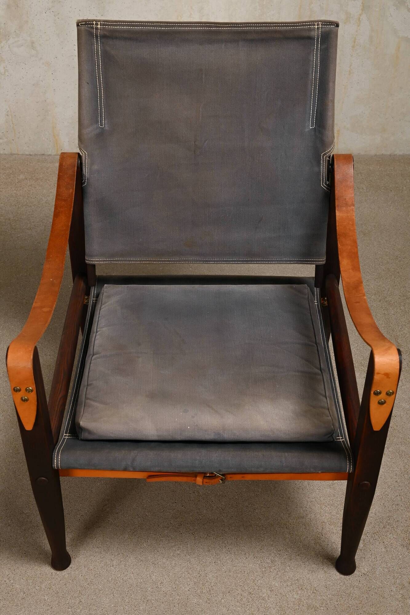 Kaare Klint Safari Chair in Grey Canvas and Dark Stained Ash for Rud Rasmussen