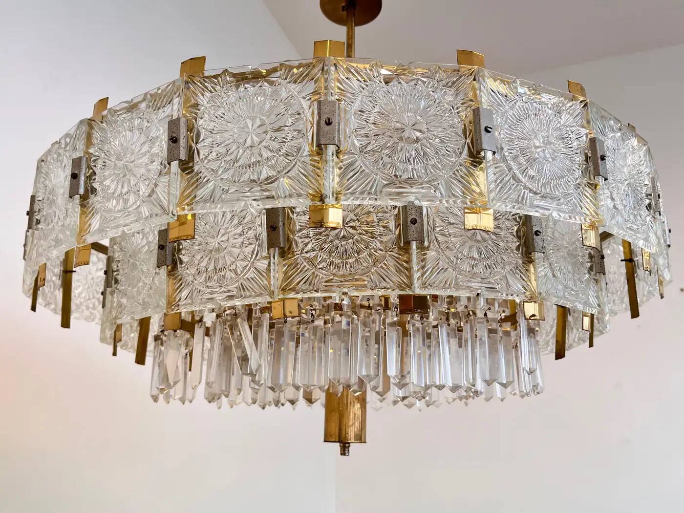 Pair of two XXL large brass and glass chandeliers by Kamenicky Senov/Preciosa, 1970s