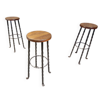 Vintage french wrought iron bar stools, 1960s - set of 3
