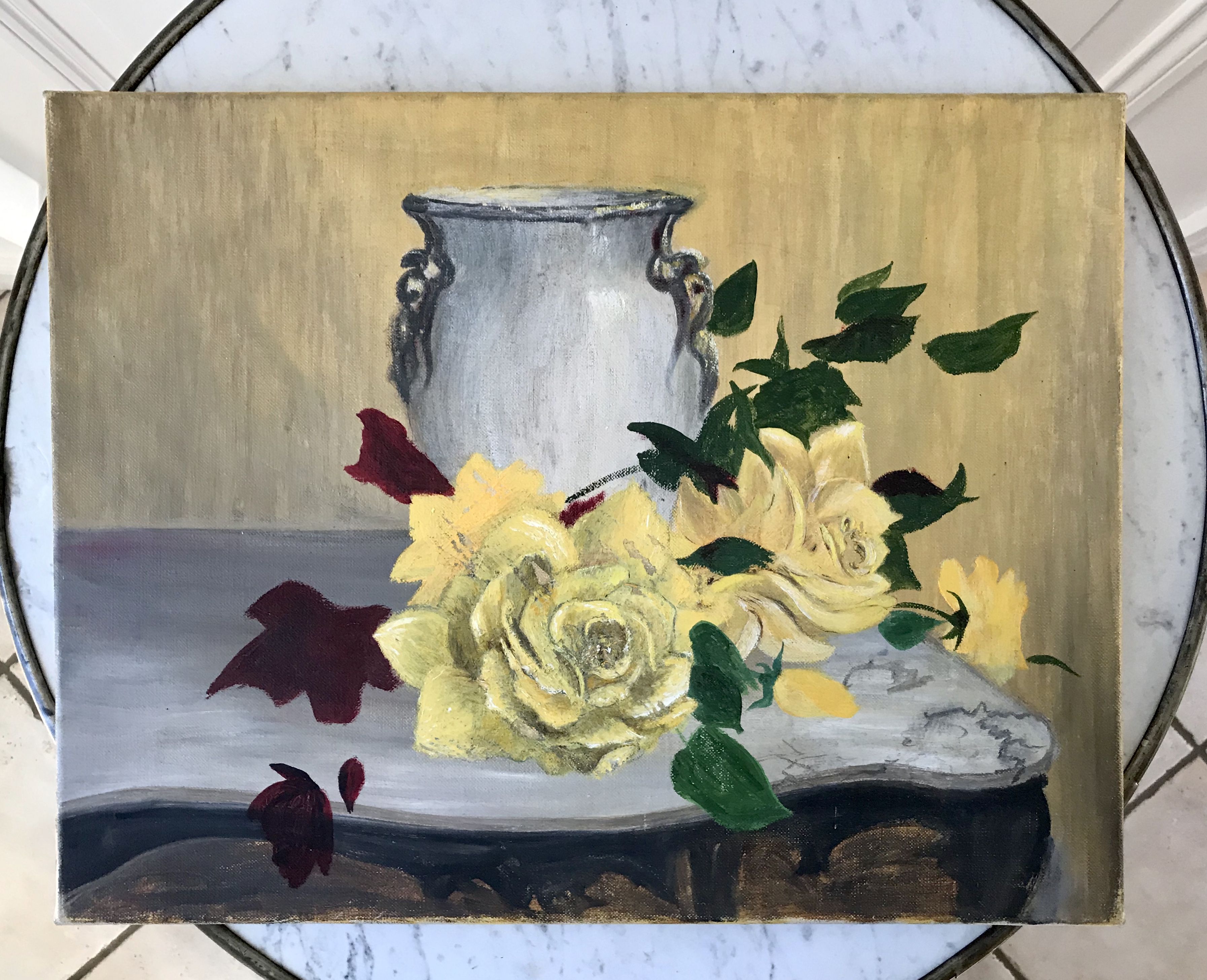 Painting oil on canvas flowers still life vintage 50s