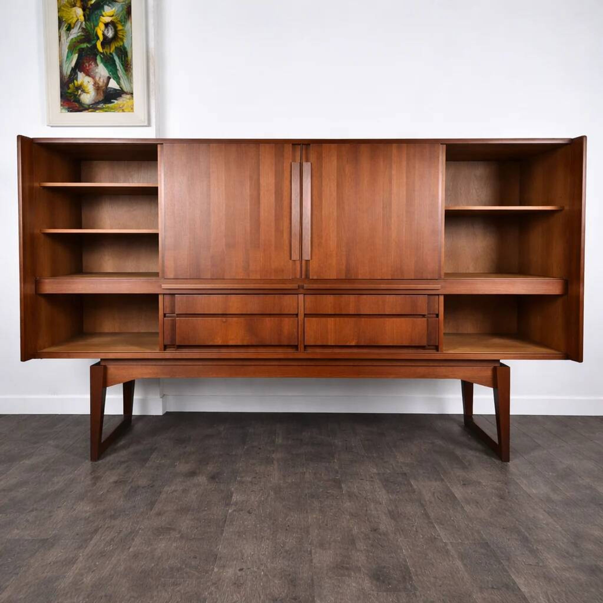 Teak and rosewood enfilade with drawers and doors in marquetry, Denmark, 1950.