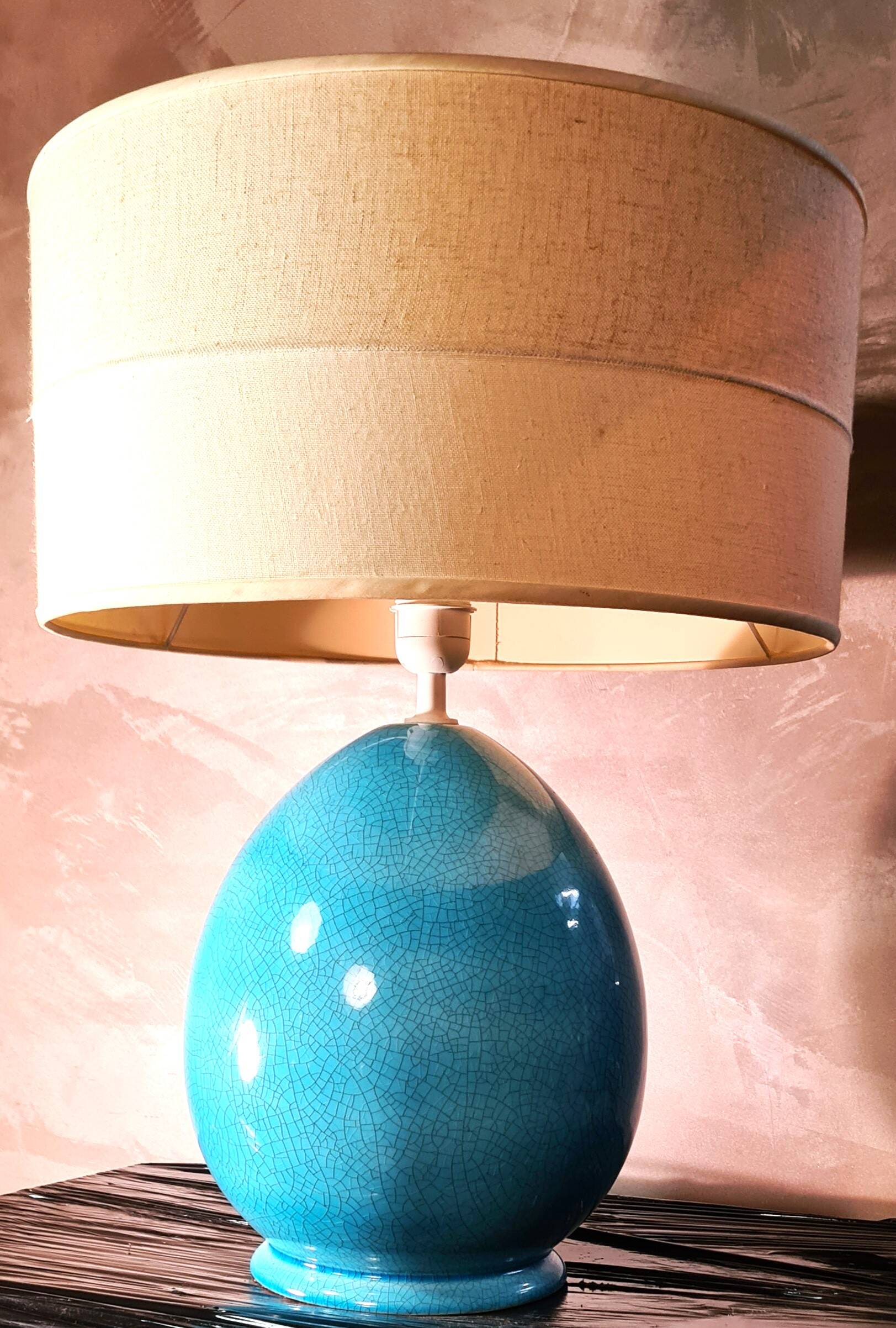 large living room lamp in cracked turquoise blue ceramic 1970 to 80, h53x40 elec ok