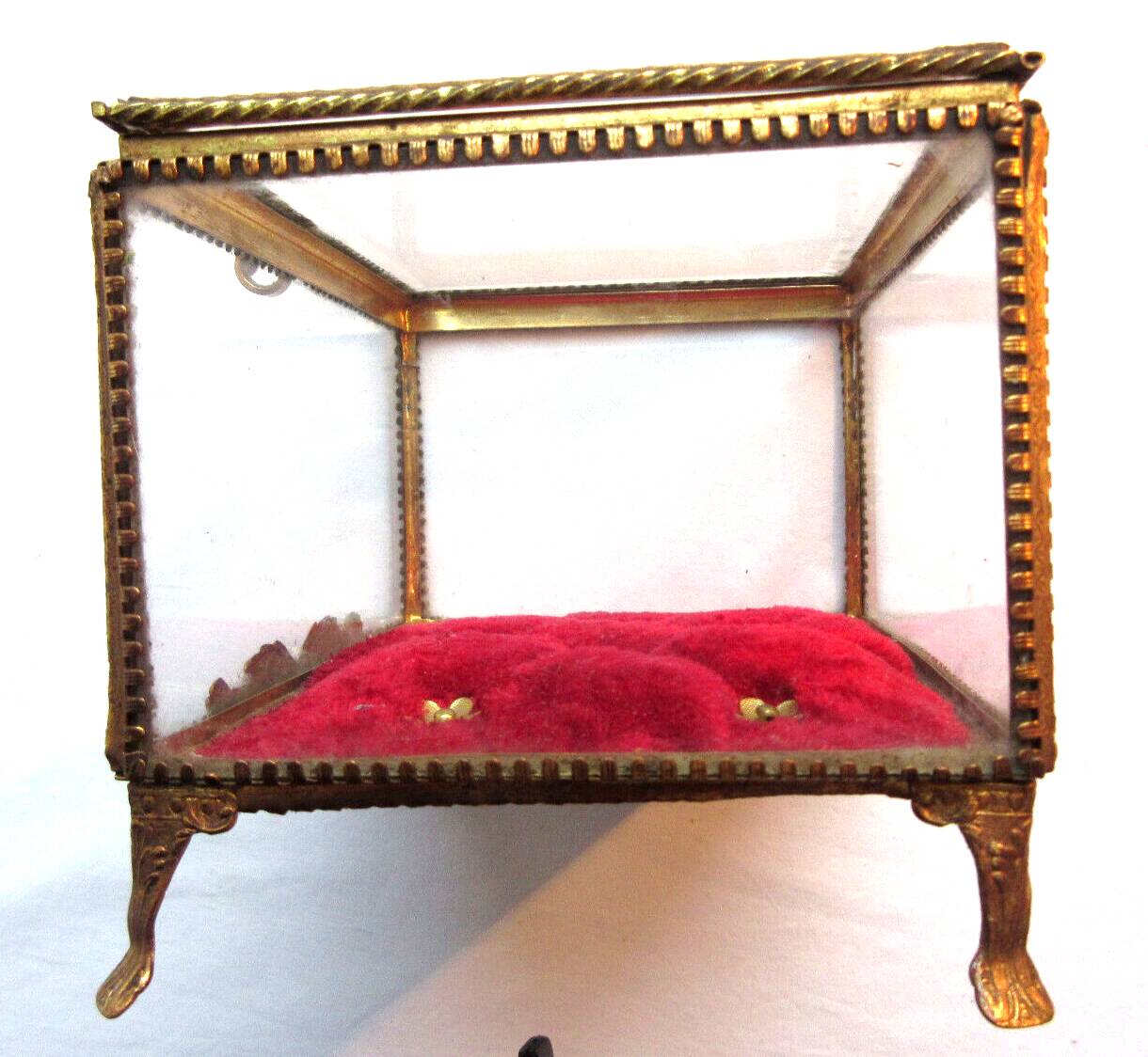 Napoleon III jewelry box, beveled glass and gilded brass, red padded, 4 feet